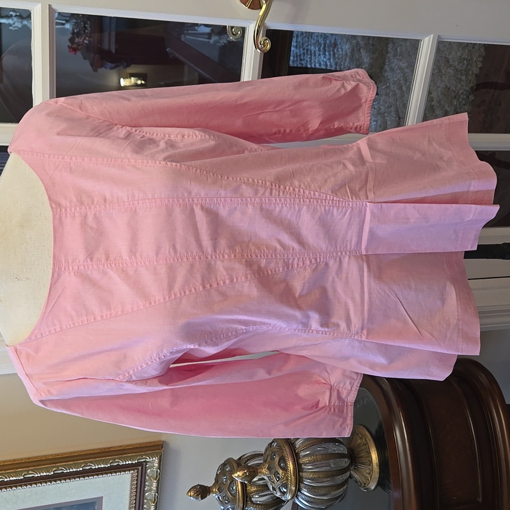 Banana Republic Soft Pink Blouse Pleated Peplum 3/4 Sleeve Zip Back V Back M EUC